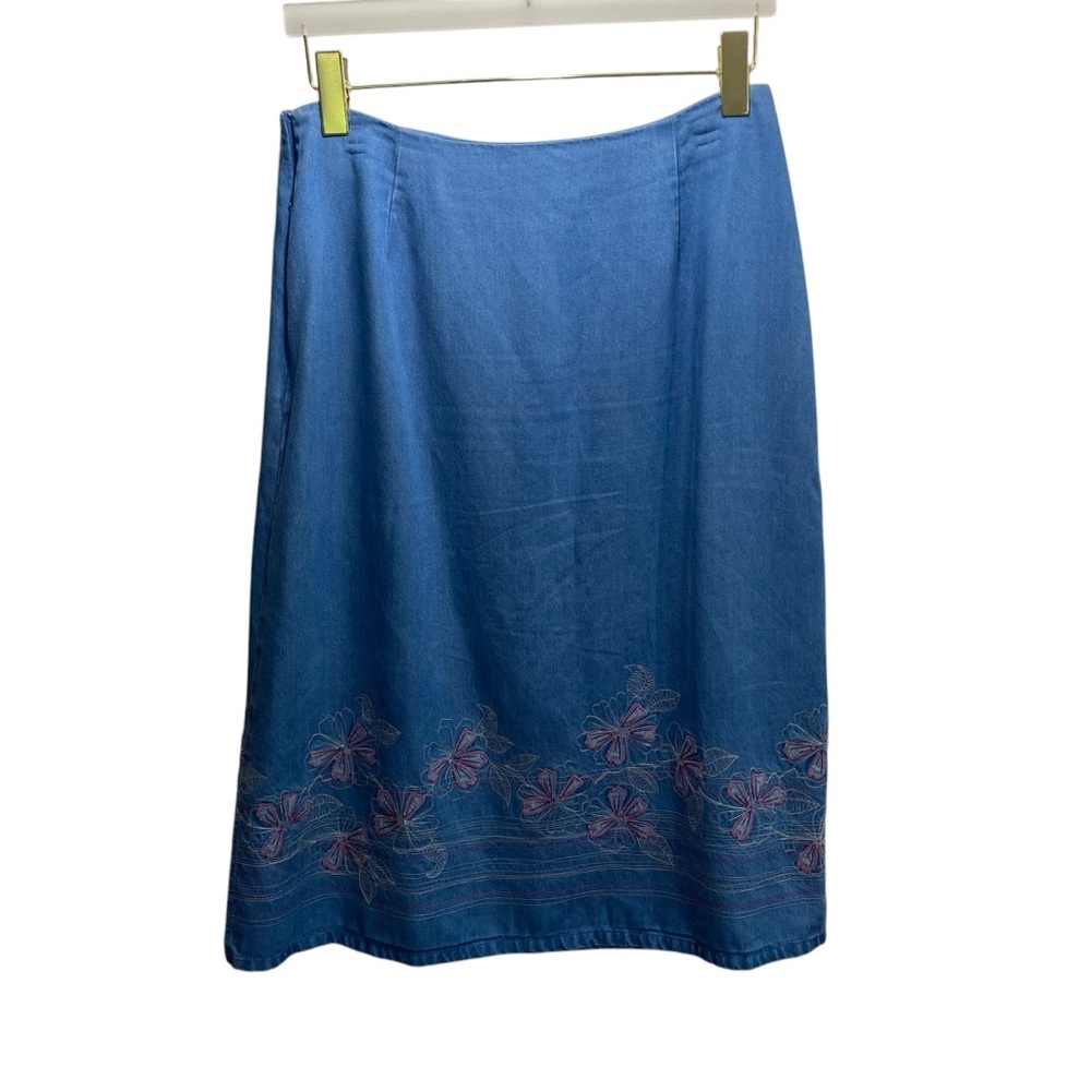 Pendleton Chambray Maxi Skirt Womens 12 Blue Embroidered Floral Cottagecore Boho - Picture 2 of 10